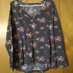 Xhilaration Women's Large Long Sleeve Gray Floral Pullover Pajama Sleepwear Top